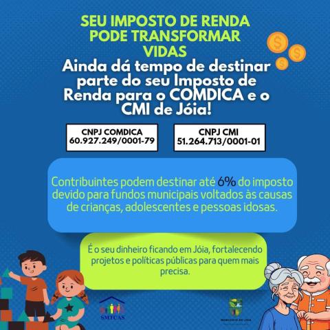 Imposto de Renda pode ser destinado a projetos sociais em Jóia