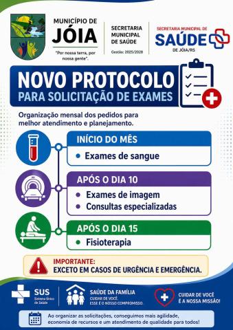 Município de Jóia implementa novo protocolo para solicitação de exames na rede pública de saúde