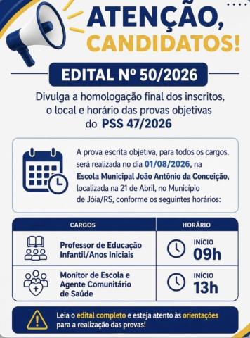 Prefeitura de Jóia divulga horários das prova do processo seletivo 