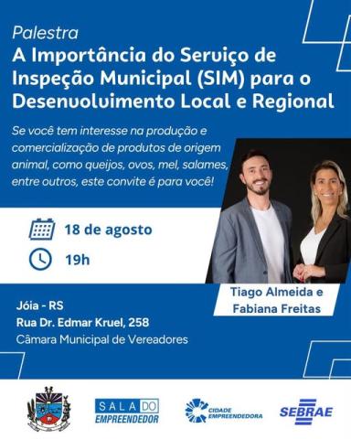 Imagem ilustrativa da notícia: Palestra sobre a importância do Serviço de Inspeção Municipal será realizada em Jóia