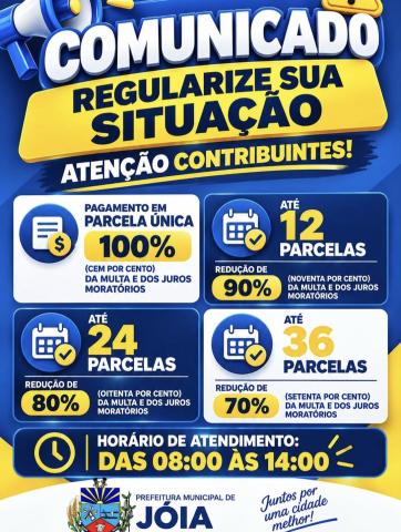 Imagem ilustrativa da notícia: Prefeitura de Jóia oferece descontos de até 100% em multas e juros para regularização de débitos