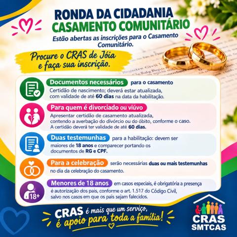 Ronda da Cidadania abre inscrições para Casamento Comunitário em Jóia
